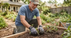 A homeowner wearing affordable moisture wicking work gloves under $20 while gardening in the backyard.