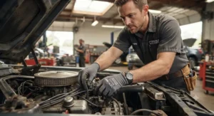 An auto mechanic working on an engine wearing flexible moisture wicking work gloves under $20.