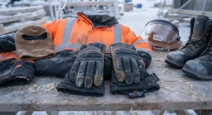 A complete pair of professional-grade arctic work gloves for extreme cold jobs laid out with cold-weather safety gear.