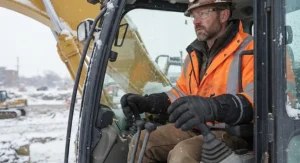 A construction worker wearing affordable waterproof winter work gloves while operating heavy equipment in the snow.