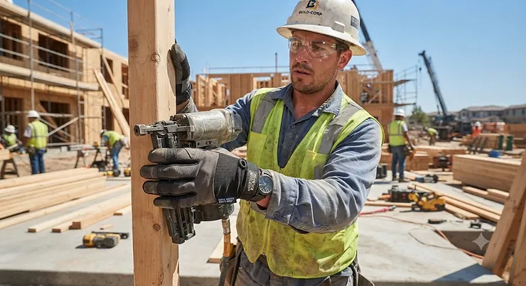 A construction worker wearing moisture wicking work gloves under $20 on a sunny job site.