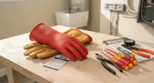 OSHA-compliant Class 00 electrical gloves displayed next to standard residential electrician tools.