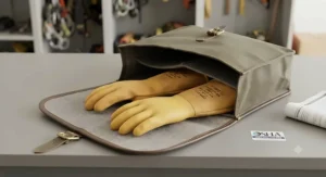 OSHA-compliant Class 2 high voltage gloves for lineman neatly organized inside a protective canvas storage bag.