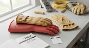 OSHA-compliant electrical safety gear including rubber insulating gloves and matching leather protectors.