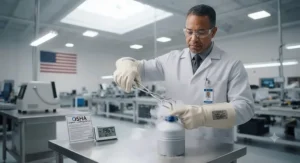 OSHA-compliant liquid nitrogen gloves tested for extreme cold temperature resistance in an American manufacturing facility.