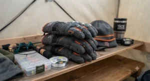 Professional-grade insulated work gloves for ice fishing stacked neatly with other cold-weather outdoor equipment.