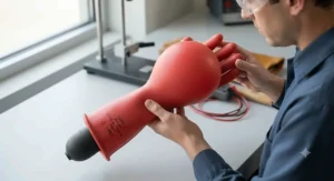 Technician performing an air inflation test to check rubber insulating gloves for punctures or cracks.