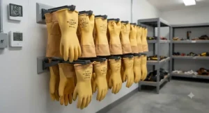 Class 2 high voltage gloves for lineman hanging straight in a climate-controlled equipment room to prevent rubber degradation.