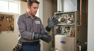 Technician putting on low voltage gloves before starting routine HVAC system electrical maintenance.