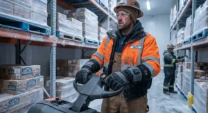 Worker in a commercial freezer warehouse wearing heated arctic work gloves for extreme cold jobs.