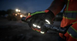 Reflective striping on hi-viz work gloves for construction sites glowing under low-light conditions.