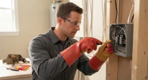 Electrician safely working on a home wiring project wearing properly fitted Class 00 electrical safety gloves.