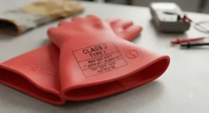 Close-up of rubber insulating gloves showing electrical safety class ratings and voltage protection.
