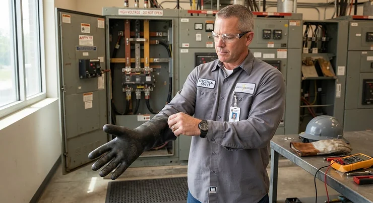 Electrician properly putting on rubber insulating gloves before starting high voltage work.