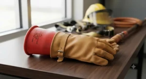 Rubber insulating gloves paired with leather protectors used by electrical utility workers for safety compliance.