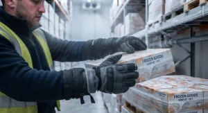 Warehouse worker using specialized safety freezer gloves for protection while stocking frozen goods.