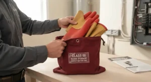 Residential electrician storing Class 00 electrical gloves in a protective bag to ensure job site safety.