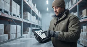 A cold storage employee using a digital tablet while wearing specialized touchscreen-compatible thermal gloves.