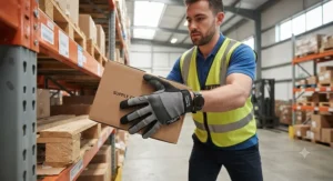 A warehouse associate lifting boxes while wearing lightweight moisture wicking work gloves under $20.