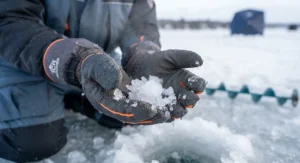Thermal-lined insulated work gloves for ice fishing providing warmth and protection against ice and snow.