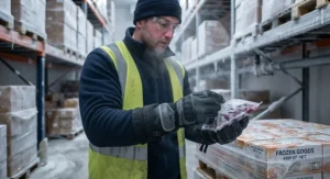 Waterproof freezer gloves providing warmth and dexterity for workers in refrigerated warehouse settings.