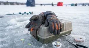 A pair of durable, waterproof insulated work gloves for ice fishing resting on a fishing tackle box.