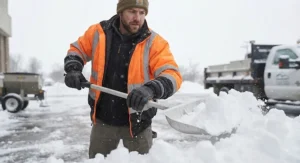 A landscaper shoveling snow outdoors while wearing durable, waterproof winter work gloves under $40.