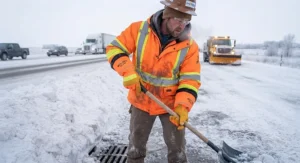 Highway maintenance worker using high-visibility arctic work gloves for extreme cold jobs near a plowed snowbank.