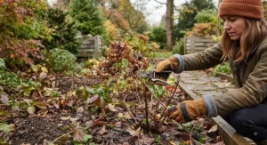 Person wearing comfortable fleece-lined work gloves for gardening during chilly autumn days, affordable and under $30.