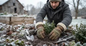 Reliable wool-lined gloves used for outdoor winter gardening or yard maintenance.