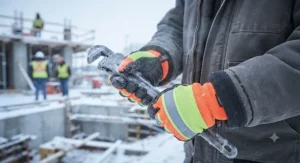 Thermal insulated hi-viz work gloves for construction sites keeping hands warm in cold weather.