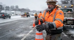 A road crew member wearing thermal work gloves for outdoor labor during highway maintenance on a snowy day.
