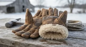 Close-up of leather wool-lined work gloves offering warmth and dexterity for winter tasks.