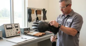 Technician performing an air inflation test on rubber insulating gloves for electricians to check for punctures.