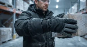 Close-up of insulated gloves for cold storage employees featuring extended wrist cuffs for extra warmth and protection.