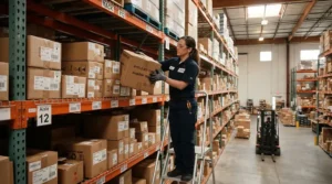 Warehouse employee wearing affordable knit work gloves while sorting boxes on metal shelving