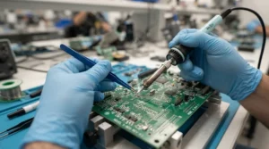Technician wearing anti-static gloves for electronics assembly while soldering a circuit board at a workbench