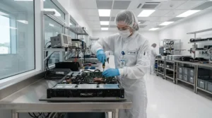 Cleanroom worker equipped with anti-static gloves for electronics assembly building computer hardware components