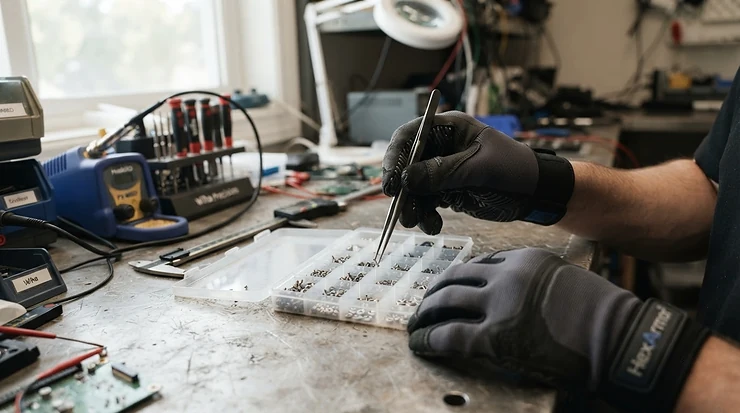 R&D engineer wearing anti-static gloves for electronics assembly putting together a tech prototype