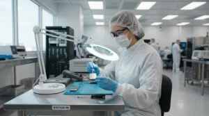 Quality assurance specialist with anti-static gloves for electronics assembly inspecting microchips under magnification