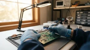Repair technician utilizing anti-static gloves for electronics assembly while fixing a smartphone motherboard