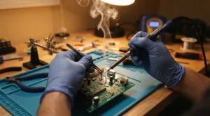 Detailed view of anti-static gloves for electronics assembly during precision wiring at a professional workstation