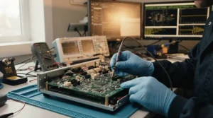 Technician with anti-static gloves for electronics assembly testing a completed motherboard with diagnostic equipment
