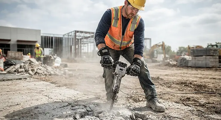 Construction worker wearing heavy-duty anti-vibration gloves while operating a pneumatic jackhammer on a job site.