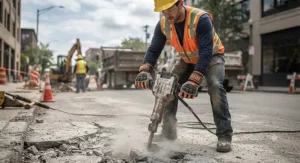 Roadwork crew member utilizing specialized anti-vibration gloves while breaking up concrete pavement.