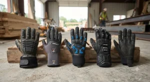 Assortment of top-rated anti-vibration gloves for construction workers displaying reinforced grip and wrist support.