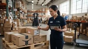 Supply manager reviewing a large shipment of bulk purchasing knit work gloves in a stockroom