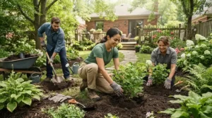 Landscaping crew wearing bulk work gloves for crews while planting shrubs in a suburban yard