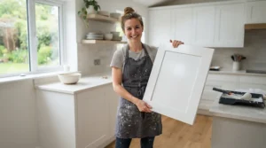 Homeowner wearing canvas gloves for painting and staining kitchen cabinet doors during a home upgrade