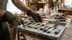 Painter wearing canvas gloves for painting and staining organizing various brushes and finishing tools on a tray
